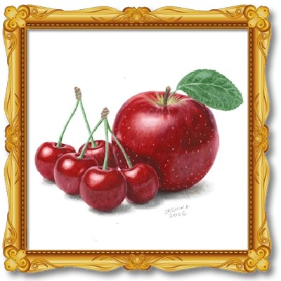 Colored Pencil Drawing cherries and apple.