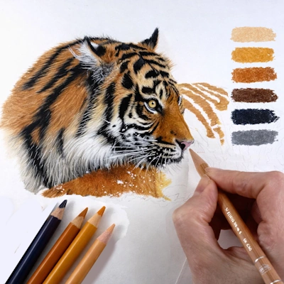 realistic colored pencil drawing in progress tiger in snow.