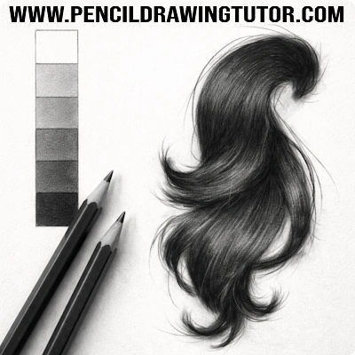 graphite pencil drawing of a hair strand with pencil swatches