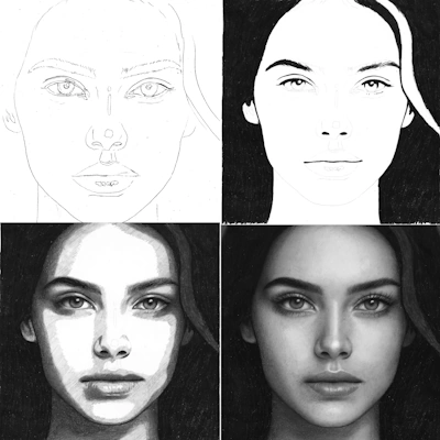 graphite pencil drawing of realistic face in 4 stages step by step tutorial