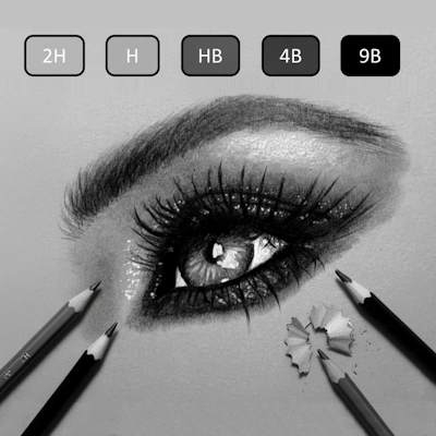 graphite pencil drawing of a smokey glitter eye with pencil swatches