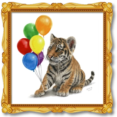 Tiger Cub with Balloons Colored Pencil Drawing
